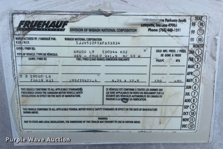 image for item OA9149 1999 Fruehauf dry van trailer