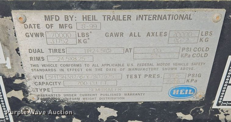 image for item OK9981 2000 Heil pneumatic dry bulk trailer