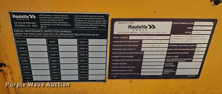 image for item DP6563 2012 Haulotte 45XA boom lift