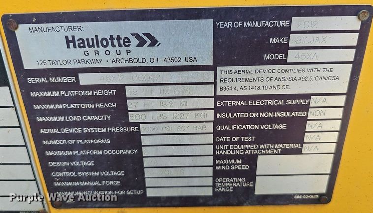 image for item DP6563 2012 Haulotte 45XA boom lift