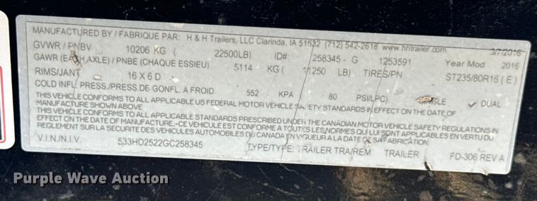 image for item DX0851 2016 H&H equipment trailer