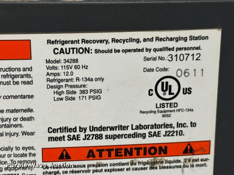 image for item DX0852 RobinAir  Cooltech 34288 AC recovery machine