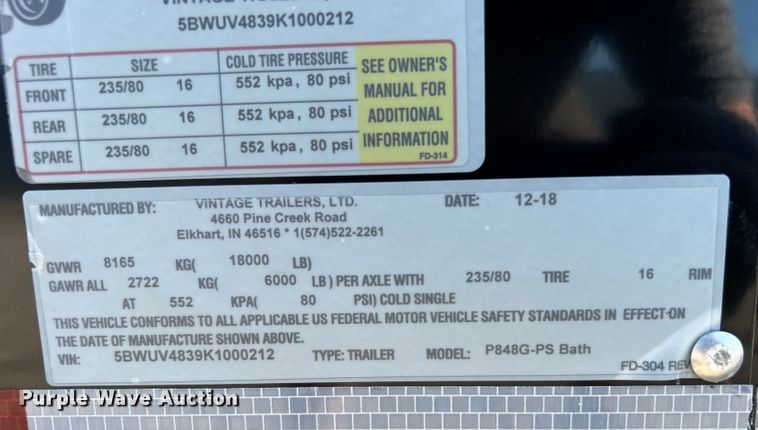 image for item EG0748 2019 Vintage Trailers, LTD. P848G-PS enclosed cargo trailer