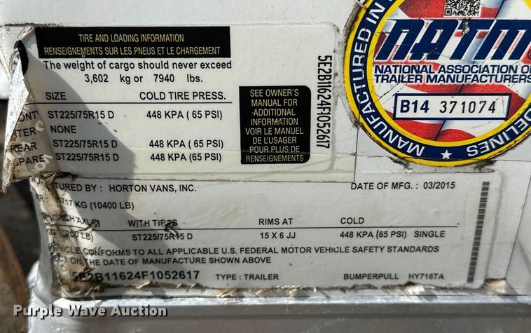 image for item EG1487 2015 Horton Vans HY716TA enclosed cargo trailer