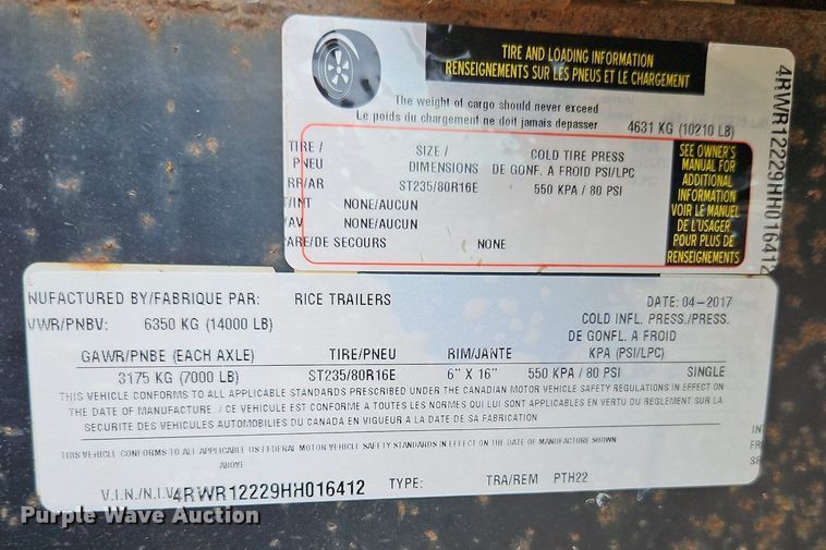 image for item EI3961 2017 Rice Trailers PTH22 tilt deck equipment trailer