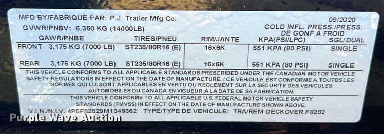 image for item LV9017 2021 PJ Trailer Mfg Co. Deckover F8282 equipment trailer