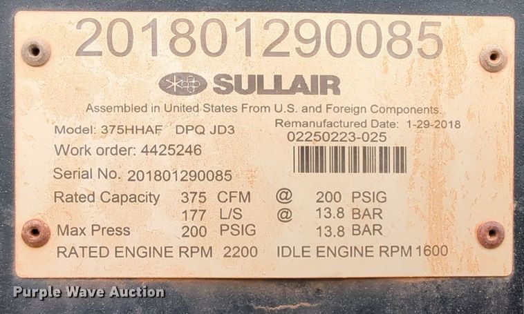 image for item NG9286 2018 Sullair 375HH air compressor