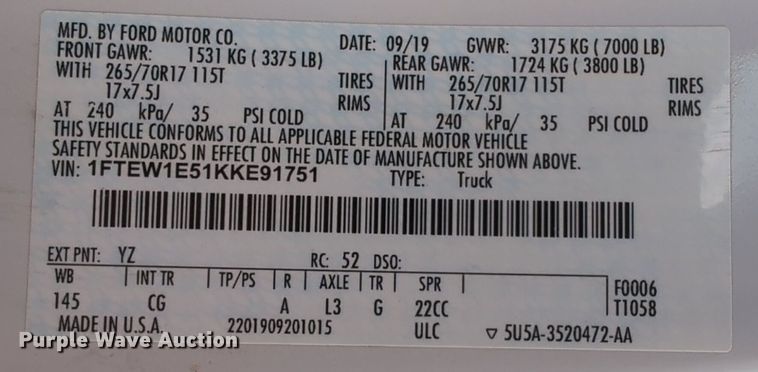 image for item NG9300 2019 Ford F150 SuperCrew pickup truck