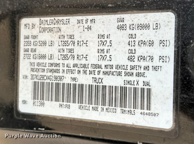 image for item NL9842 2004 Dodge Ram 2500 Quad Cab bale bed pickup truck