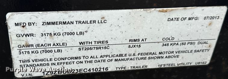 image for item OF9763 2014 Zimmerman utility trailer