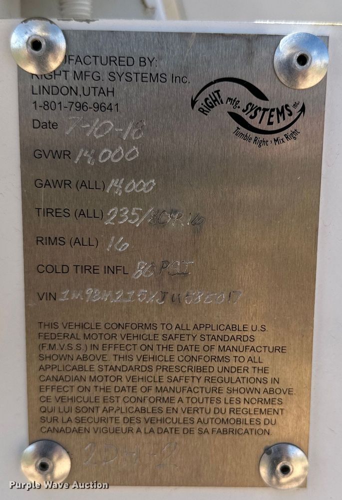 image for item DK6702 2018 Right Manufacturing Systems Inc. concrete mixer