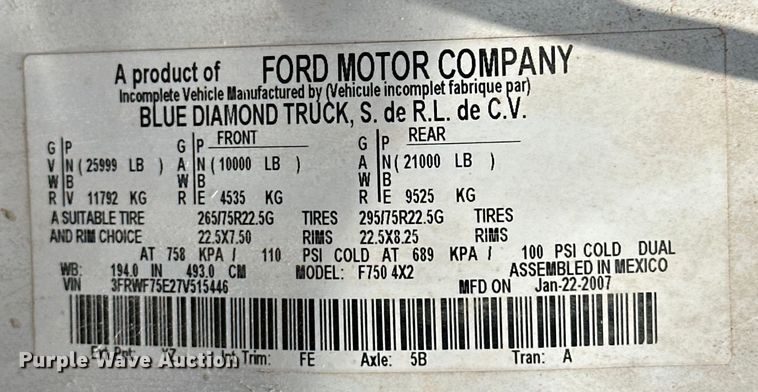 image for item DO6997 2007 Ford  F750 Super Duty vacuum truck