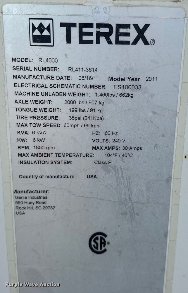 image for item DO7014 2011 Terex RL4000  light plant