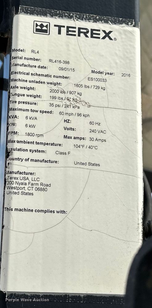 image for item DO7086 2016 Terex RL4 light plant