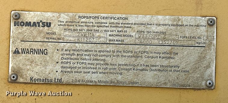 image for item DO7101 2012 Komatsu  WA320PZ-6 wheel loader