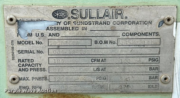 image for item DO7135 Sullair  185 air compressor