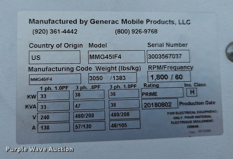 image for item DP1038 Generac Mobile Products MMG45IF4 generator