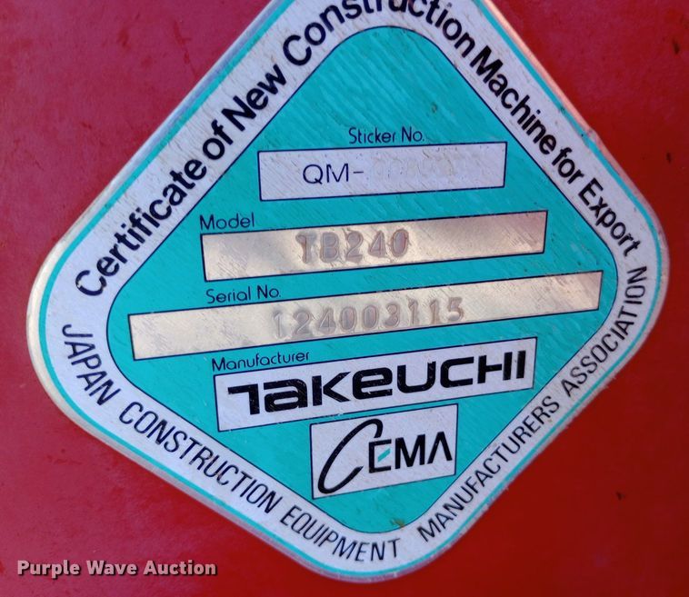 image for item DP1214 2017 Takeuchi TB240 mini excavator