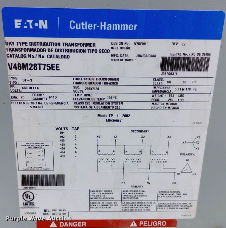 image for item DP1247 2008 Eaton Cutler Hammer V75E001 transformer