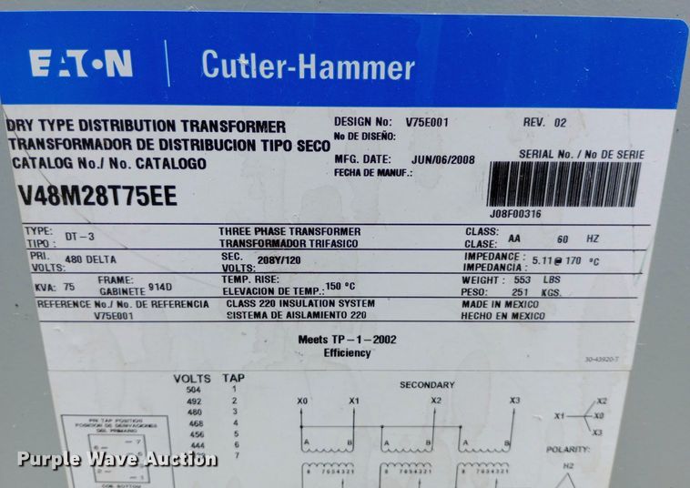 image for item DP1247 2008 Eaton Cutler Hammer V75E001 transformer