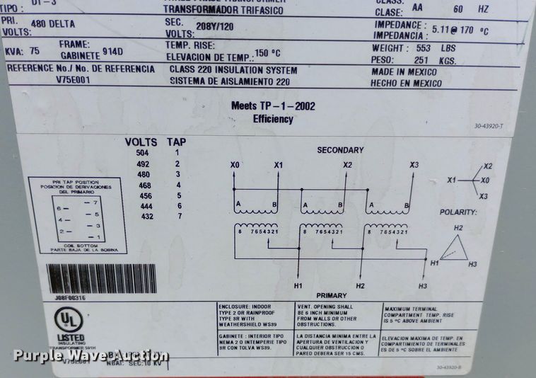 image for item DP1247 2008 Eaton Cutler Hammer V75E001 transformer