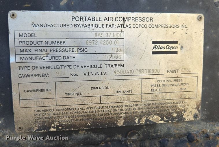 image for item DQ6845 2006 Atlas Copco XAS 97 air compressor