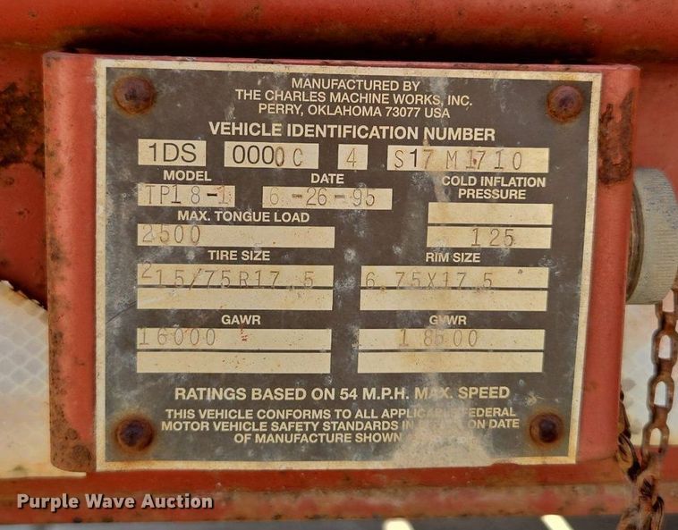 image for item DQ6848 1995 Charles Machine Works TP18-1 equipment trailer