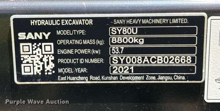 image for item DX0822 2021 Sany  SY80U excavator