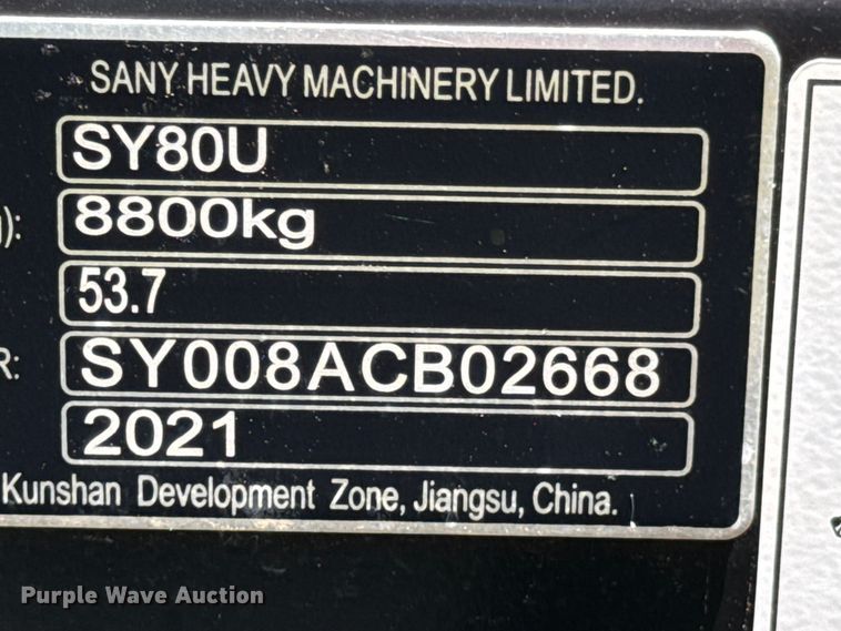image for item DX0822 2021 Sany  SY80U excavator