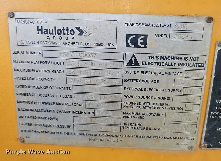 image for item EJ5742 2015 Haulotte 5533A boom lift