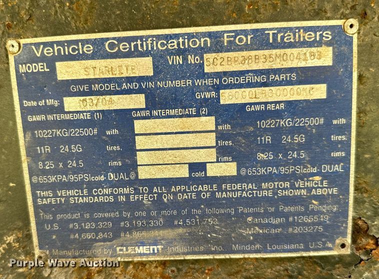 image for item NQ9669 2005 Clement Starlite end dump trailer