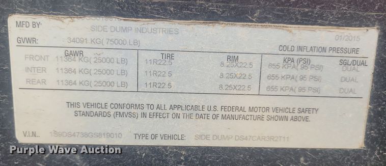 image for item OD9576 2016 Side Dump Industries  DS47CAR3R2T11 side dump trailer