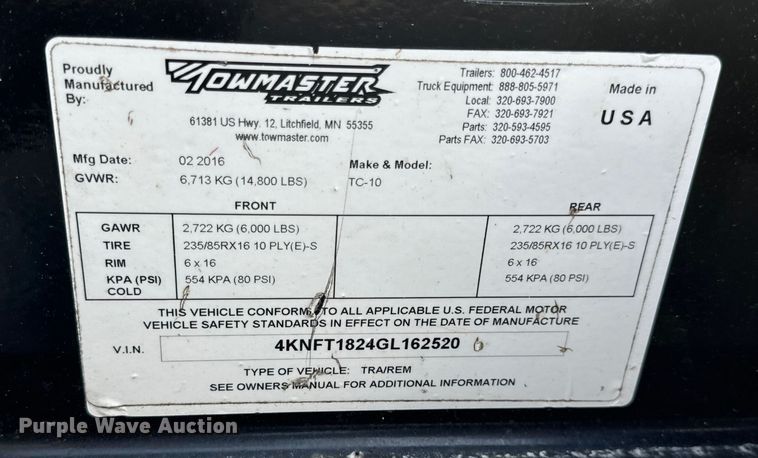 image for item OF9759 2016 Towmaster TC-10 equipment trailer