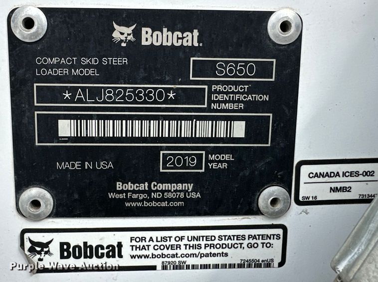 image for item OL9669 2019 Bobcat S650 skid steer loader