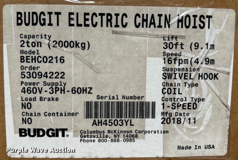 image for item OL9700 Budgit Electric BEHC0216 chain hoist