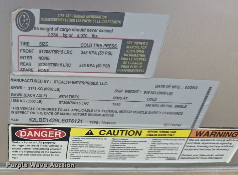 image for item DQ4450 2020 Stealth Enterprises STT714TA2 enclosed cargo trailer