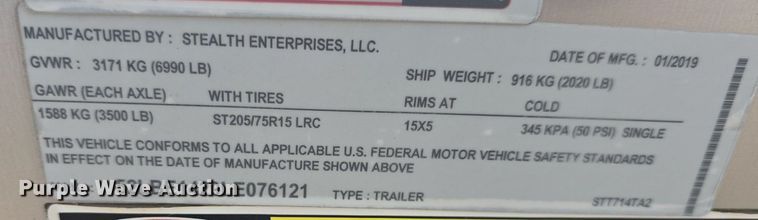 image for item DQ4450 2020 Stealth Enterprises STT714TA2 enclosed cargo trailer
