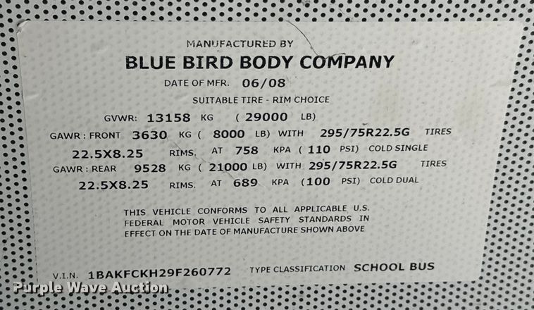 image for item DX0903 2009 Bluebird Vision school bus