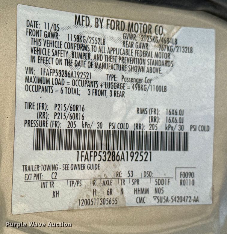 image for item DX0905 2006 Ford Taurus 