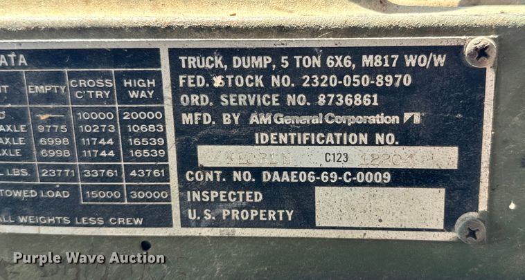 image for item DX0919 1983 AM General M817 dump truck