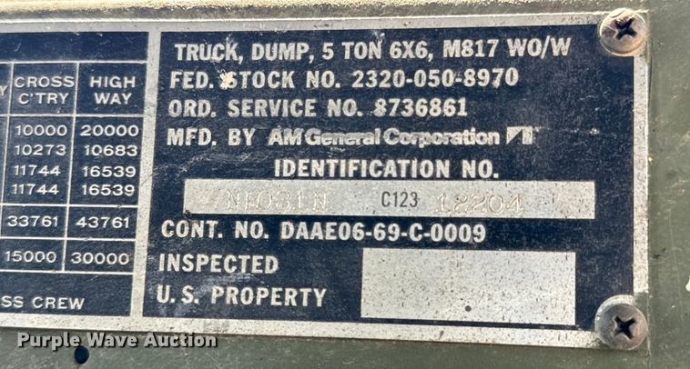 image for item DX0919 1983 AM General M817 dump truck