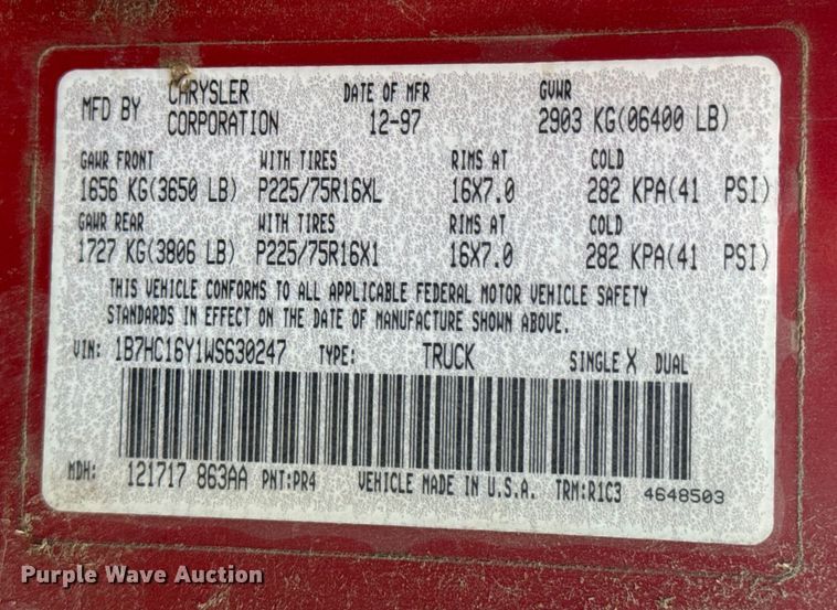 image for item DX0921 1998 Dodge Ram 1500 pickup truck cab and chassis