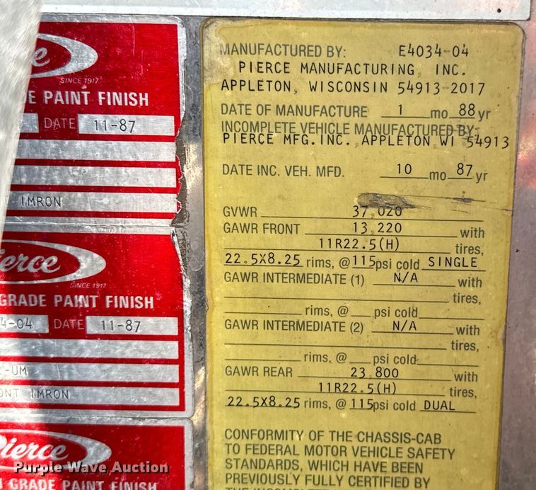 image for item DX0946 1988 Pierce Arrow pumper fire truck