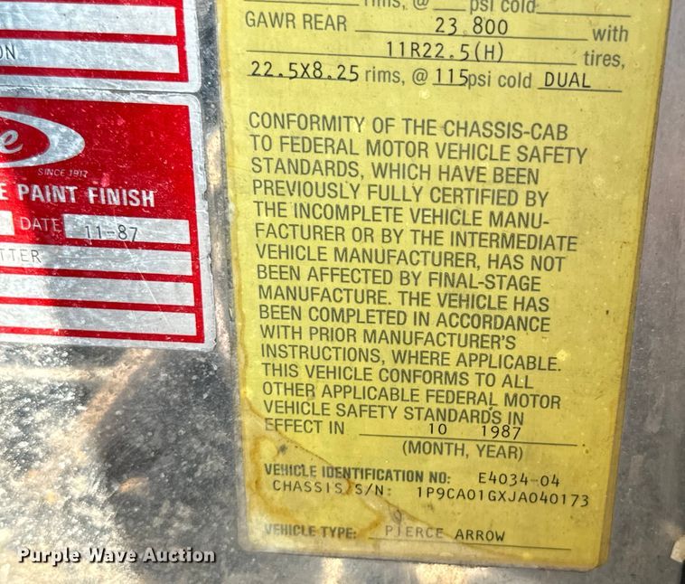 image for item DX0946 1988 Pierce Arrow pumper fire truck