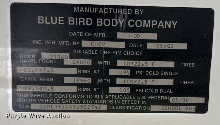 image for item EJ7080 2001 Bluebird  B7  school bus