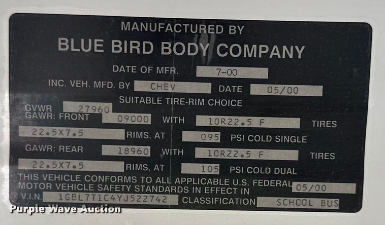 image for item EJ7080 2001 Bluebird  B7  school bus