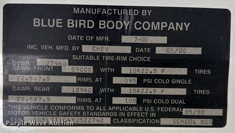 image for item EJ7080 2001 Bluebird  B7  school bus