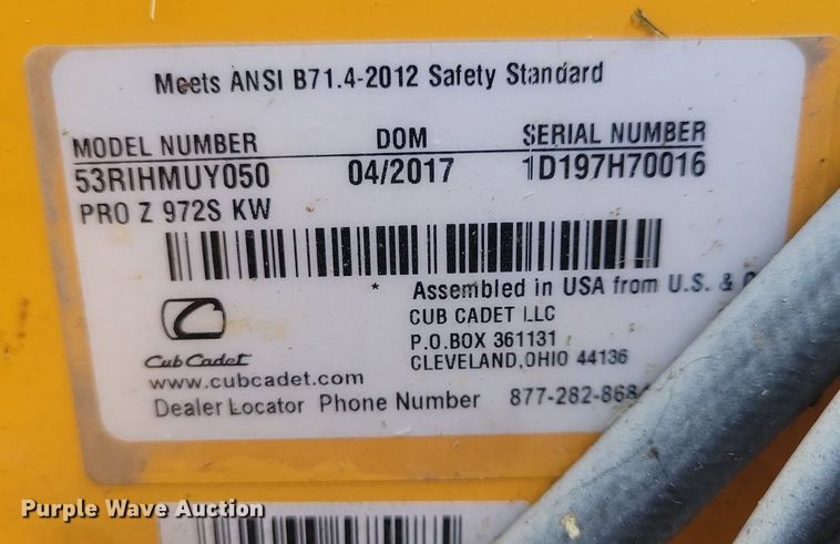 image for item KA9905 2017 Cub Cadet Pro Z 900  ZTR lawn mower