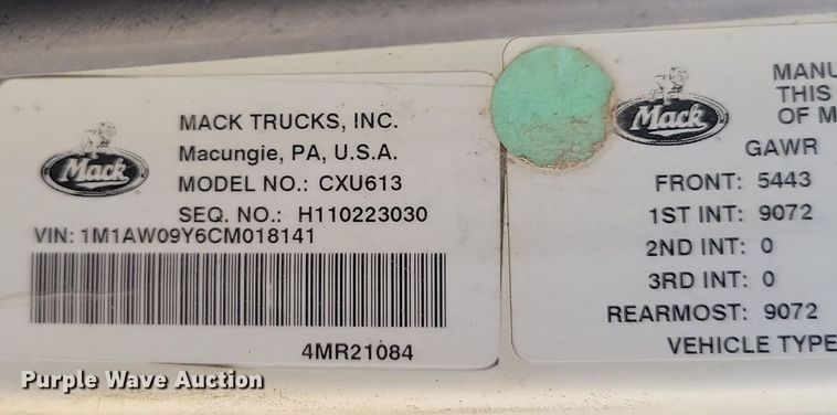 image for item OD9601 2012 Mack CXU613 semi truck