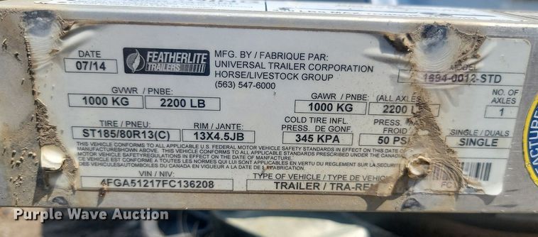 image for item OD9603 2015 Featherlite  utility trailer